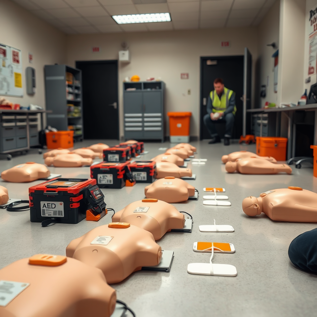 CPR manikins and AED trainers on training floor